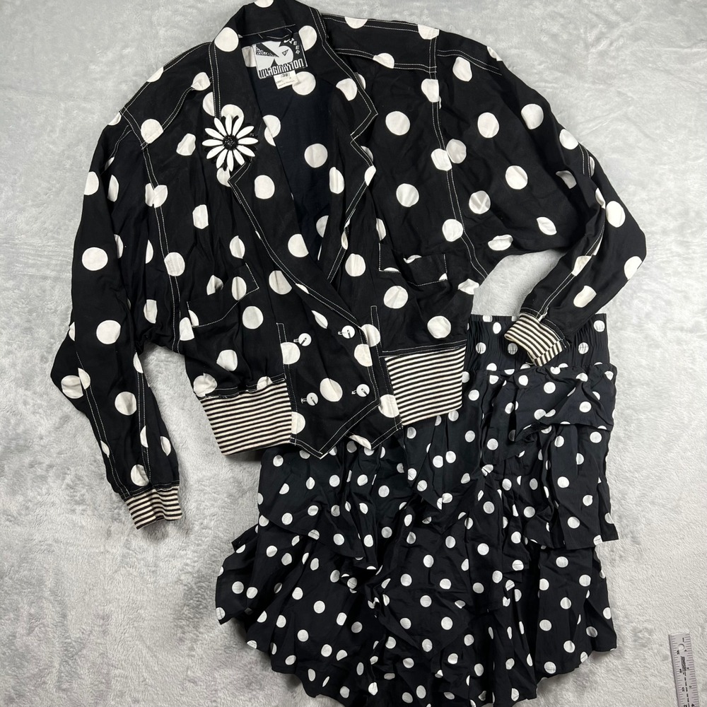 Vintage Sheer by Imagination Polka Dot 2 Piece Set Jacket Ruffle Skirt Black S/M